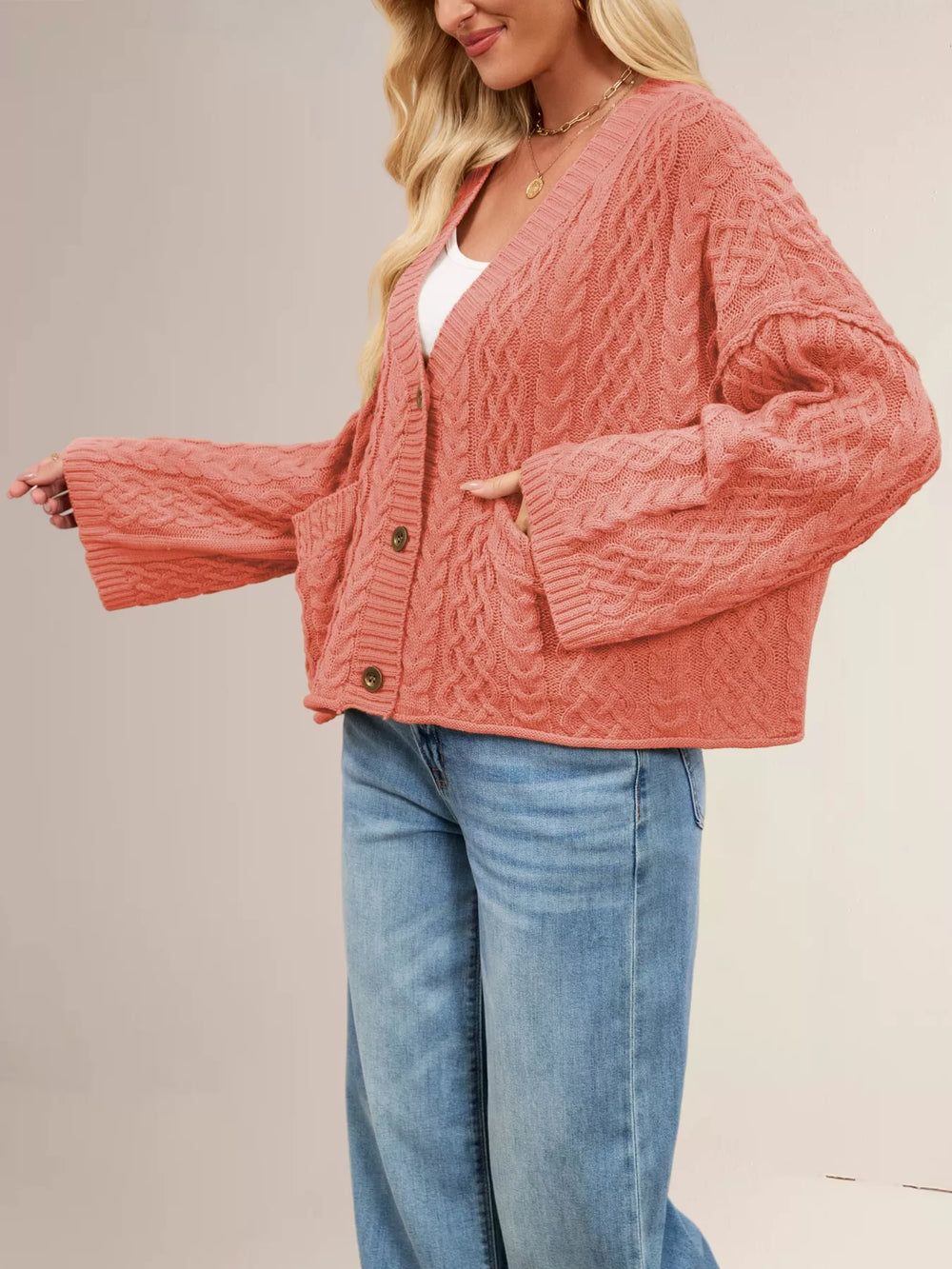 Cable Knit Button-Down Cardigan - Trendsi - Flyclothing LLC