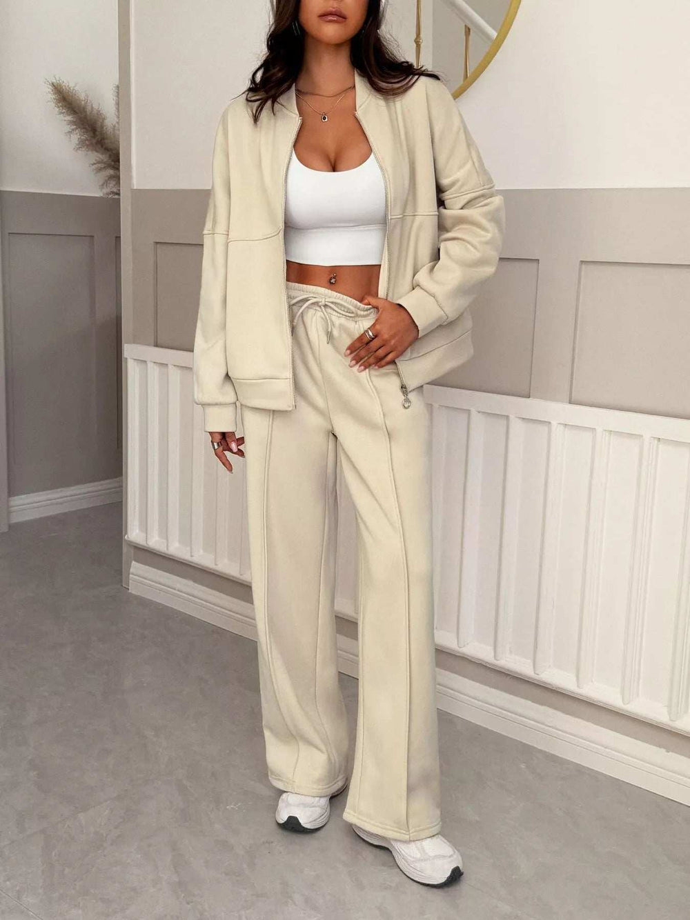 Casual Zipper Front Top and Wide Leg Pants Set - Trendsi - Flyclothing LLC