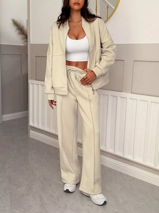 Casual Zipper Front Top and Wide Leg Pants Set - Trendsi - Flyclothing LLC