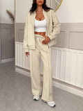 Casual Zipper Front Top and Wide Leg Pants Set - Trendsi - Flyclothing LLC