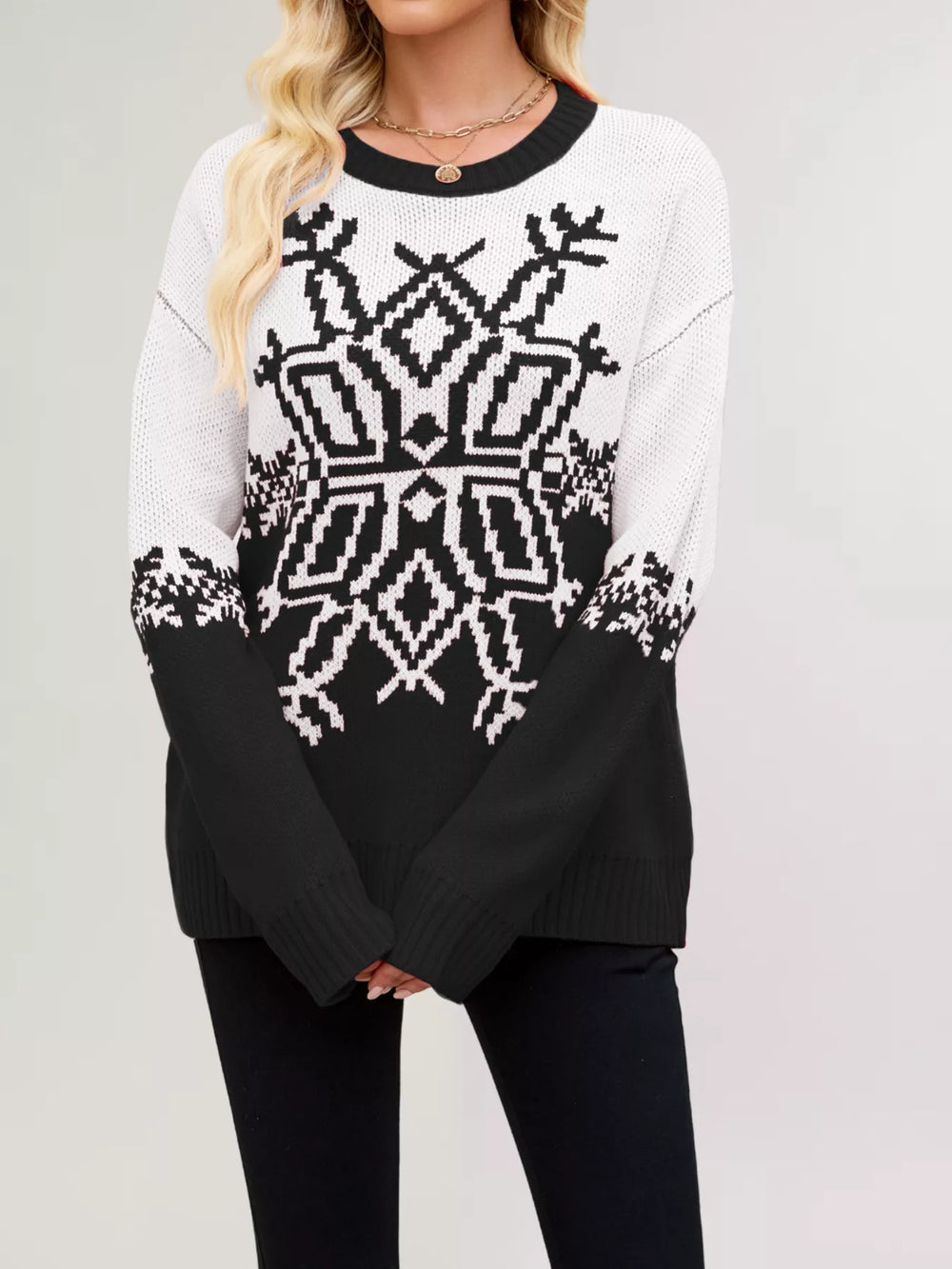 Christmas Snowflake Round Neck Sweater - Trendsi - Flyclothing LLC