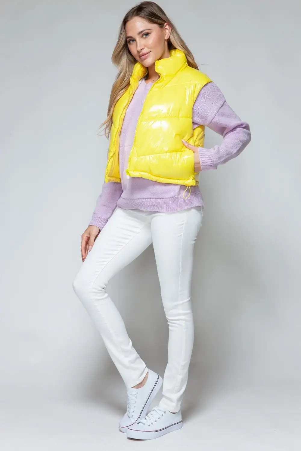 Snobbish Zip Up Turtleneck Shiny Quilted Vest - Trendsi - Flyclothing LLC