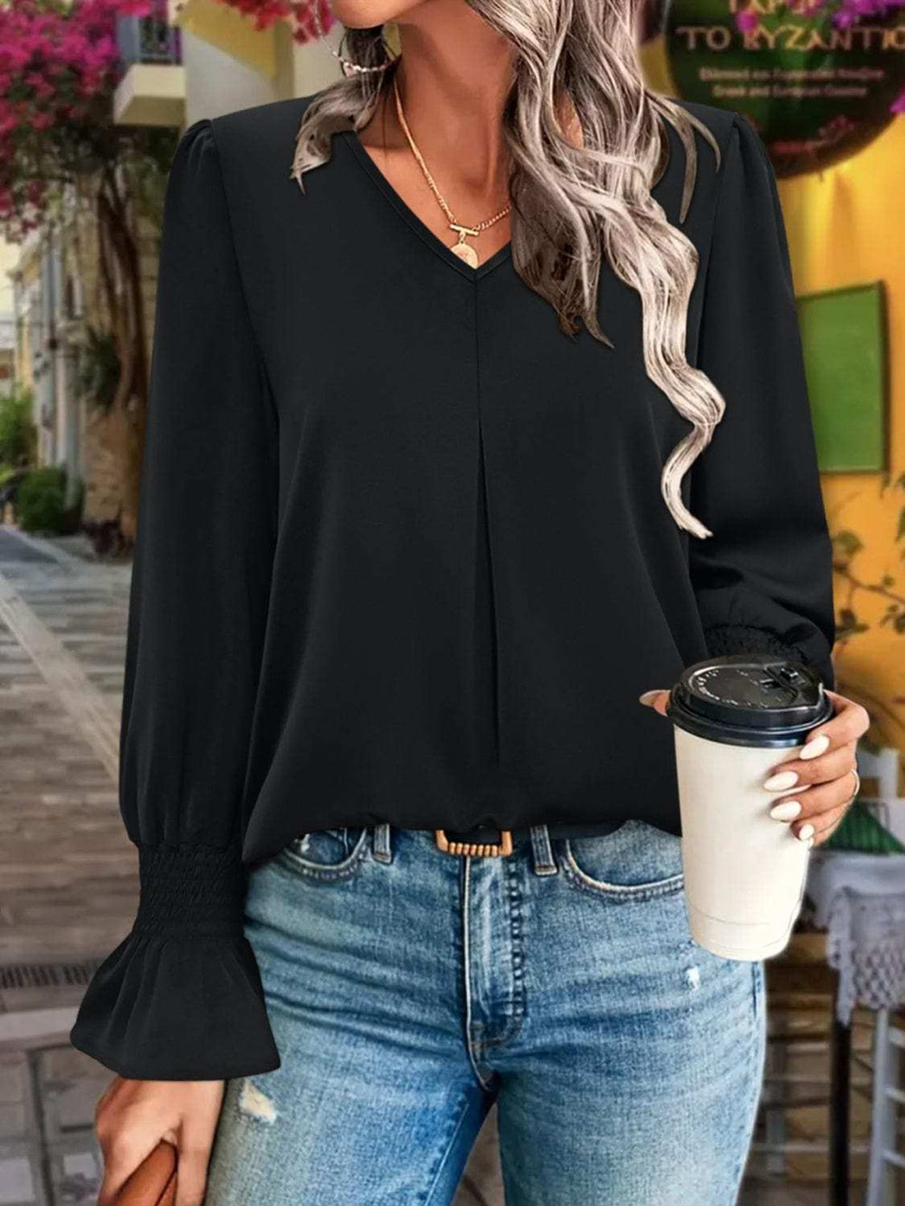 V-Neck Flounce Sleeve Blouse - Trendsi - Flyclothing LLC