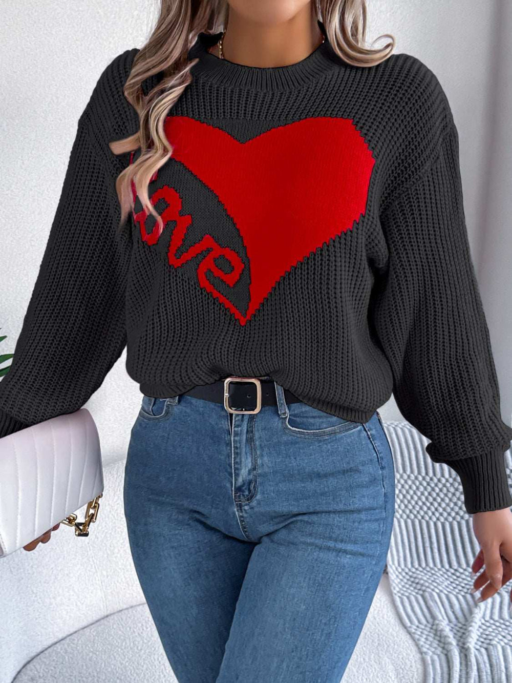 LOVE Heart Round Neck Dropped Shoulder Sweater - Trendsi - Flyclothing LLC