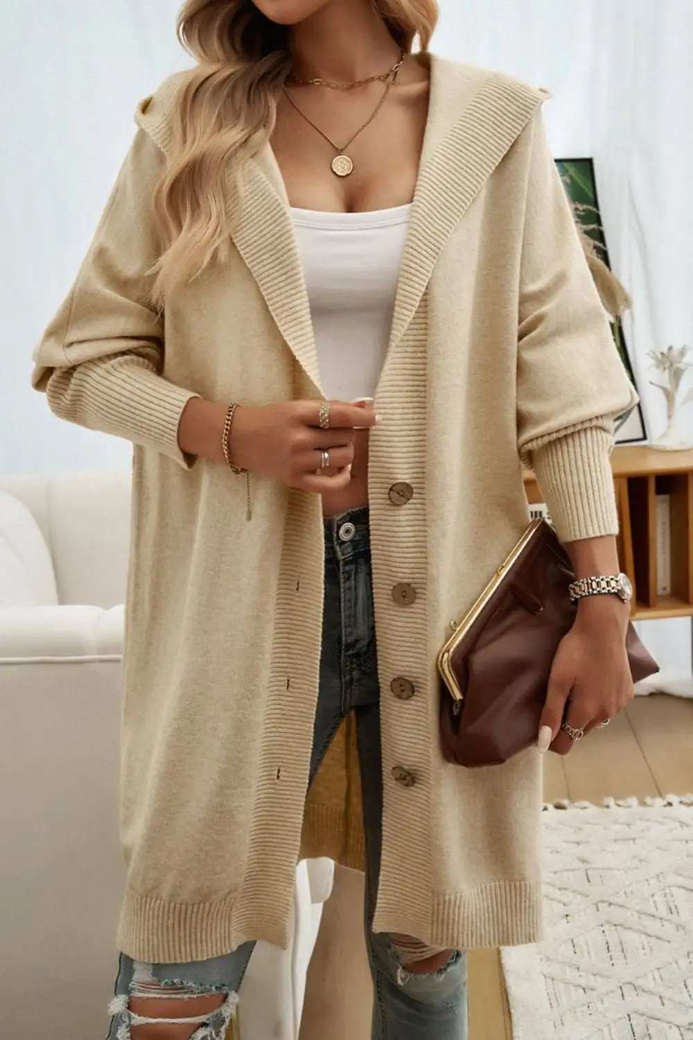Button Up Long Sleeve Hooded Cardigan - Trendsi - Flyclothing LLC