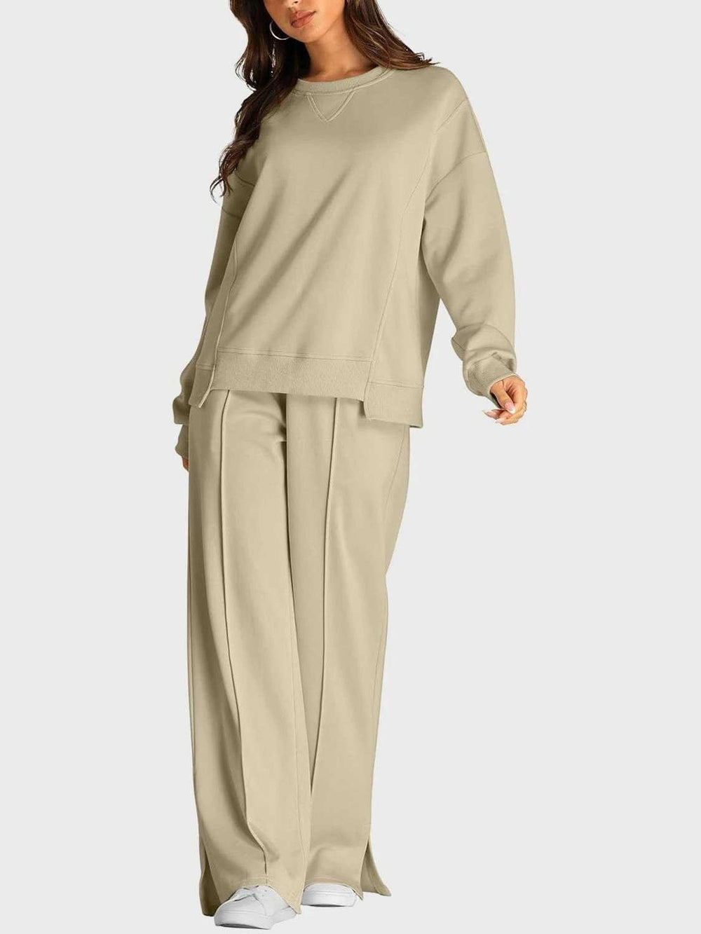 Round Neck Long Sleeve Top and Slit Pants Set - Trendsi - Flyclothing LLC