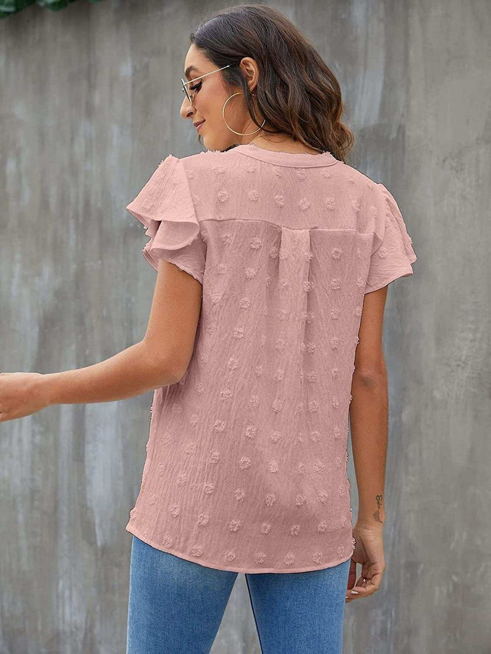Swiss Dot Notched Flutter Sleeve Blouse - Trendsi - Flyclothing LLC