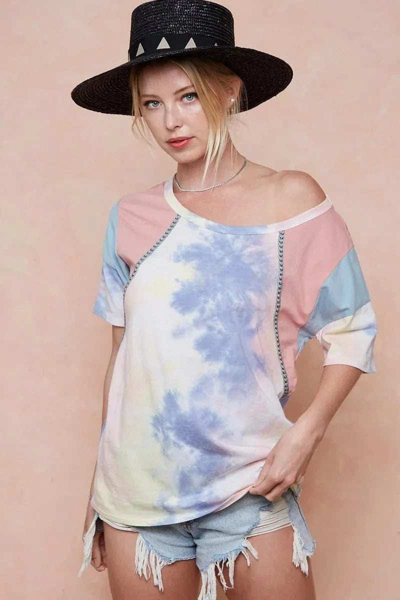 BiBi Tie Dye Printed Cotton Color Block T-Shirt - Trendsi - Flyclothing LLC
