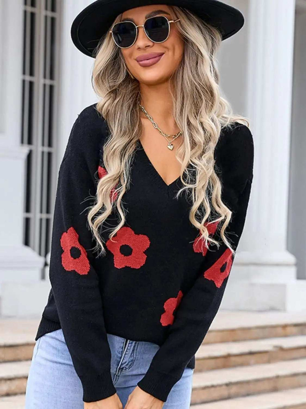 Flower V-Neck Long Sleeve Sweater - Trendsi - Flyclothing LLC