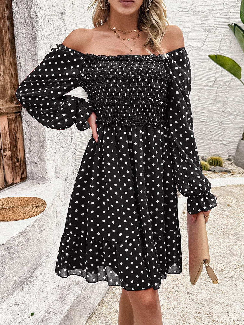 Smocked Polka Dot Long Sleeve Dress - Trendsi - Flyclothing LLC