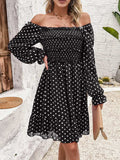 Smocked Polka Dot Long Sleeve Dress - Trendsi - Flyclothing LLC