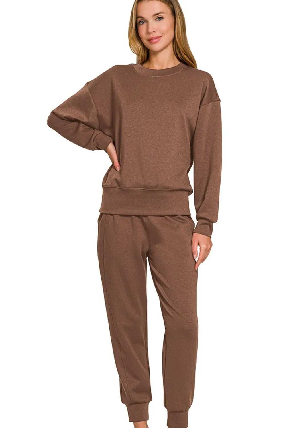 Zenana Scuba Crewneck Pullover & Joggers 2 Pieces Set - Trendsi - Flyclothing LLC