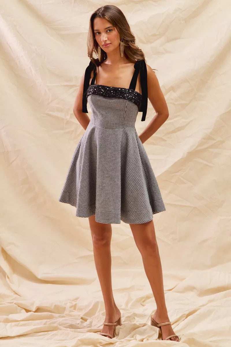 SO ME Houndstooth Fit Flare Mini Dress with Shoulder Tie - Trendsi - Flyclothing LLC
