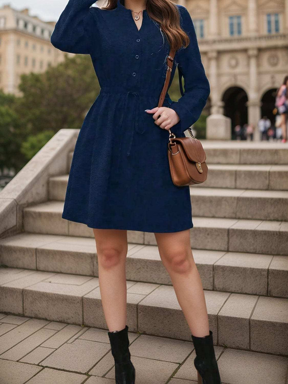 Drawstring Waist Notched Long Sleeve Dress - Trendsi - Flyclothing LLC