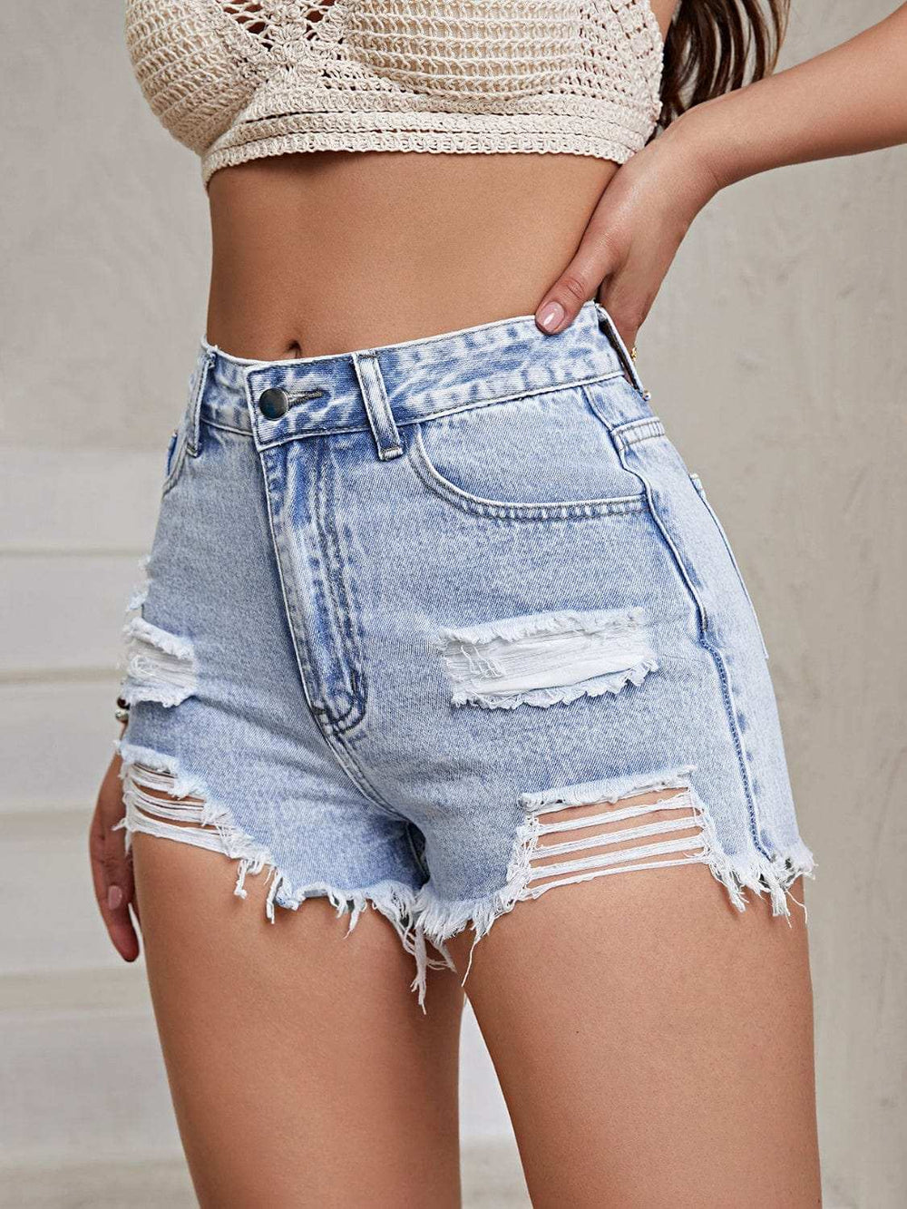 Distressed Raw Hem High Waist Denim Shorts - Trendsi - Flyclothing LLC