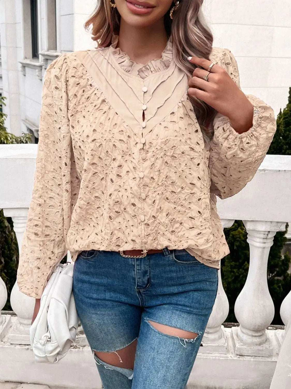 Frill Round Neck Long Sleeve Shirt - Trendsi - Flyclothing LLC