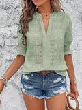 Eyelet Notched Flounce Sleeve Blouse - Trendsi - Flyclothing LLC