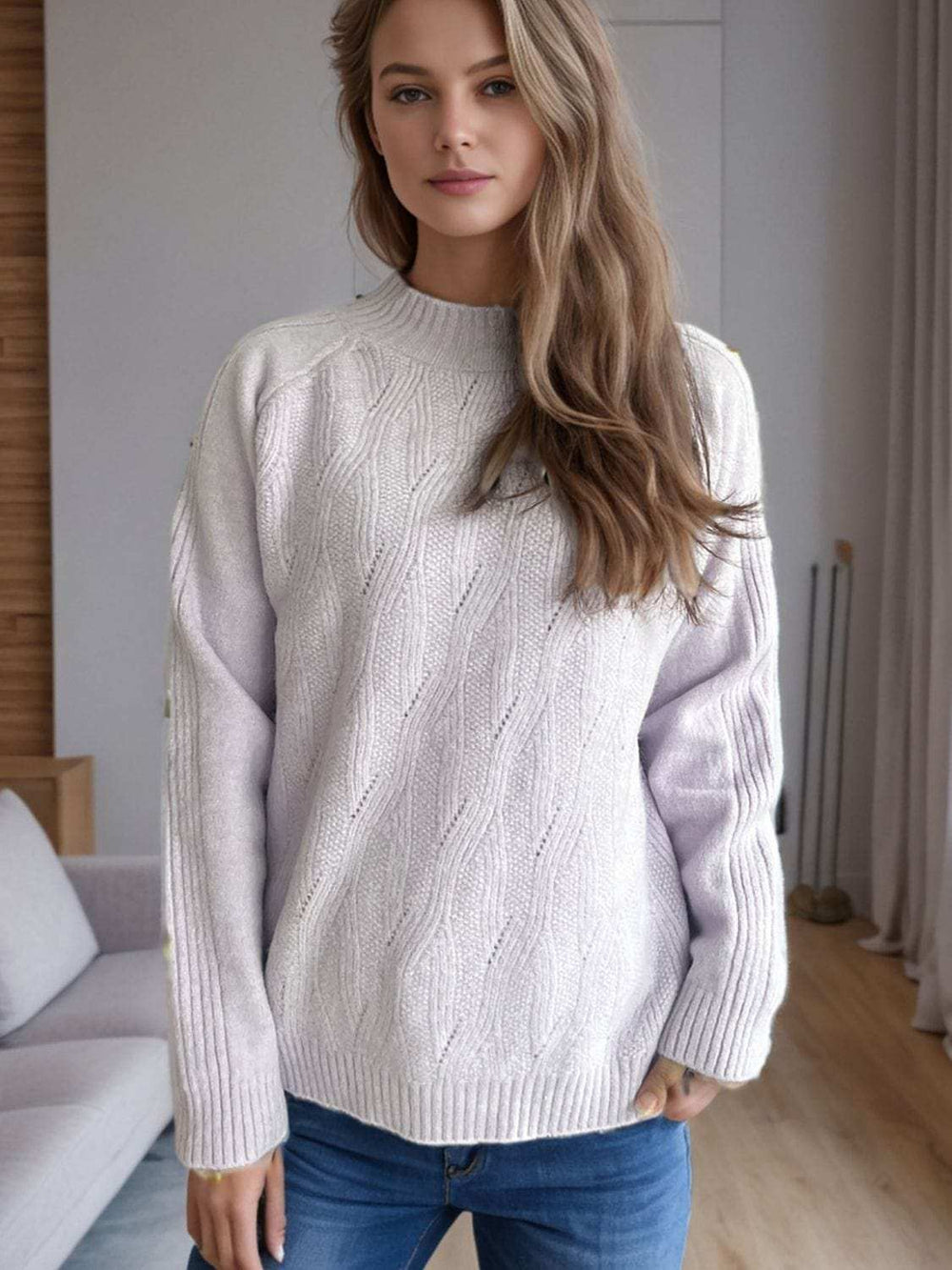 Mock Neck Long Sleeve Sweater - Trendsi - Flyclothing LLC