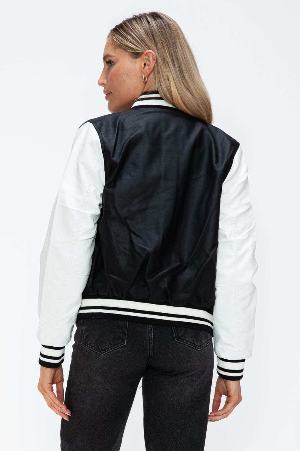 Love Me Now PU Leather Contrast Snap Down Bomber Jacket - Trendsi - Flyclothing LLC