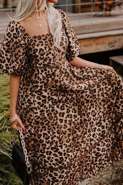 Leopard Square Neck Puff Sleeve Maxi Dress - Trendsi - Flyclothing LLC