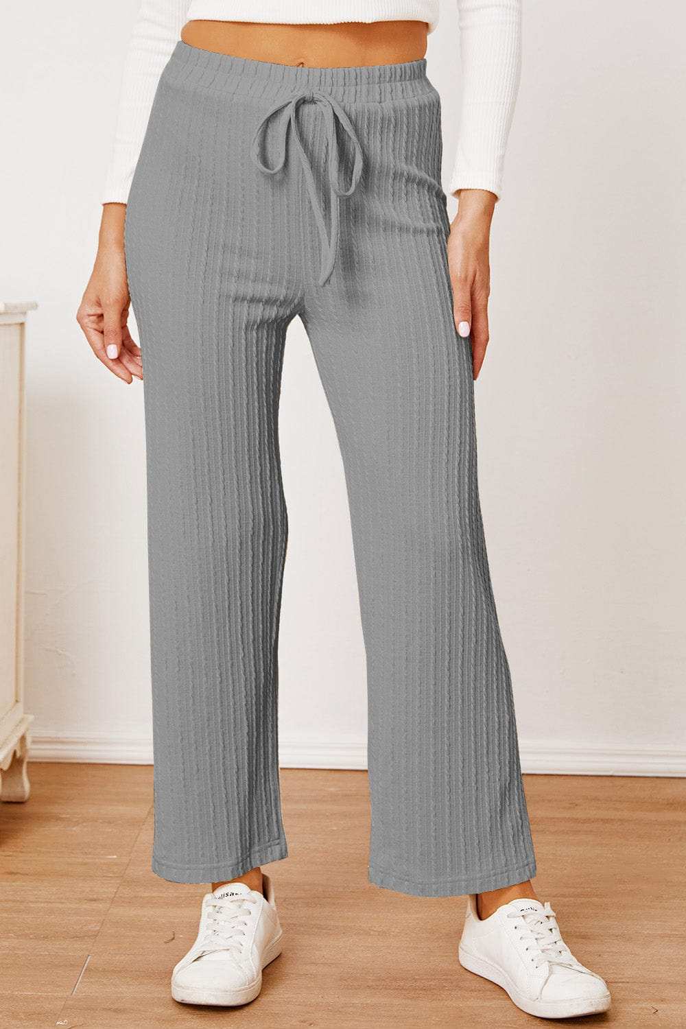 Textured Elastic Waist Straight Pants - Trendsi - Flyclothing LLC