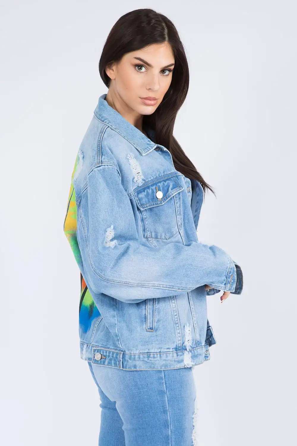 American Bazi Full Size Painted Back Distressed Denim Jacket - Trendsi - Flyclothing LLC