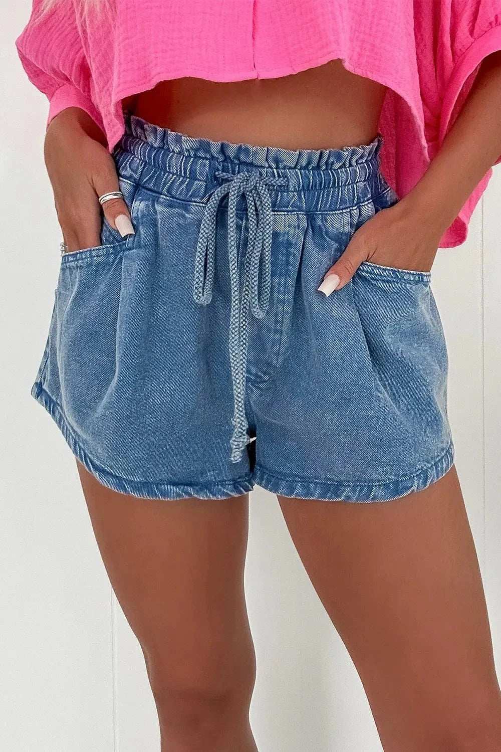 Drawstring High Waist Denim Shorts with Pockets - Trendsi - Flyclothing LLC