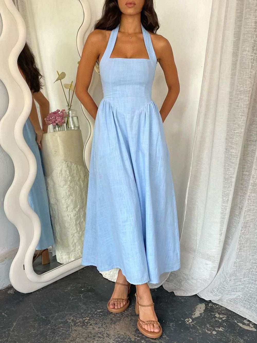 Devine Ruched Halter Neck Midi Dress - Trendsi - Flyclothing LLC