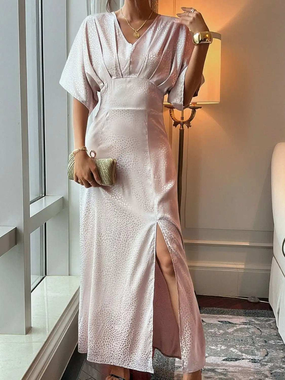 Slit Animal Print V-Neck Half Sleeve Dress - Trendsi - Flyclothing LLC