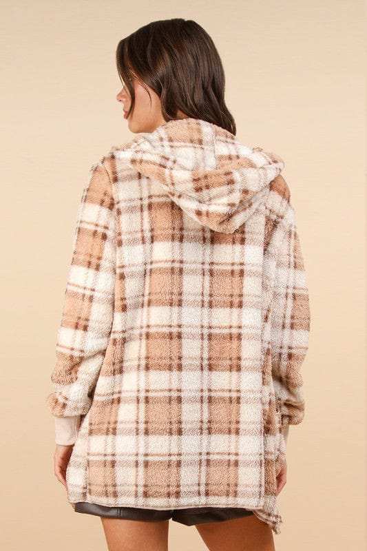 VERY J Fuzzy Plaid Long Sleeve Hooded Jacket - Trendsi - Flyclothing LLC