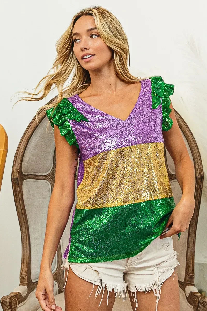 BiBi Mardi Gras Sequin Color Block Ruffled Top - Trendsi - Flyclothing LLC