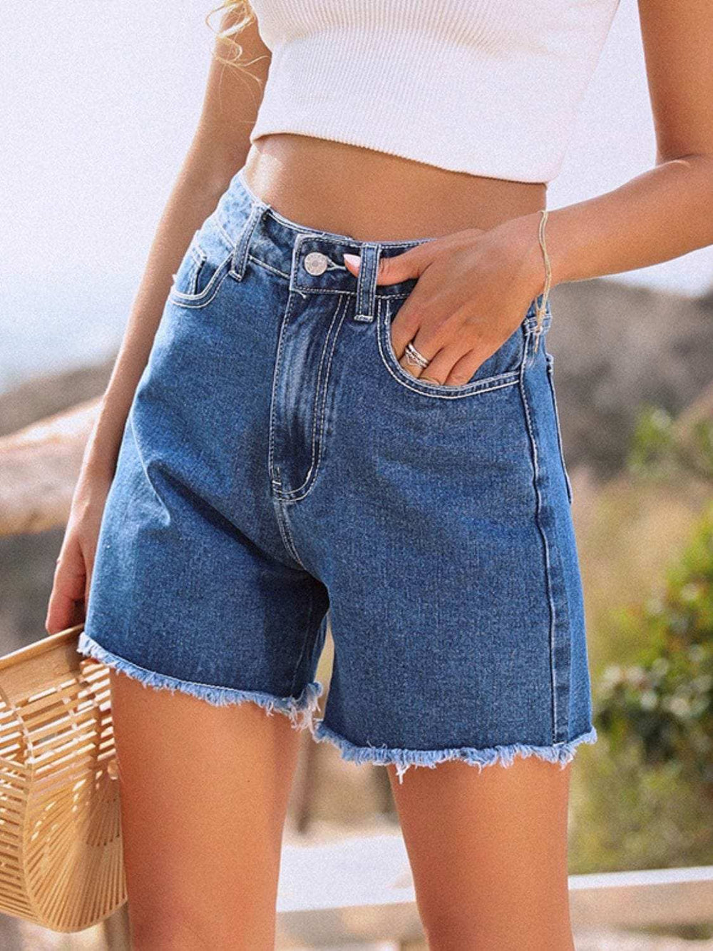 Raw Hem High Waist Denim Shorts - Trendsi - Flyclothing LLC