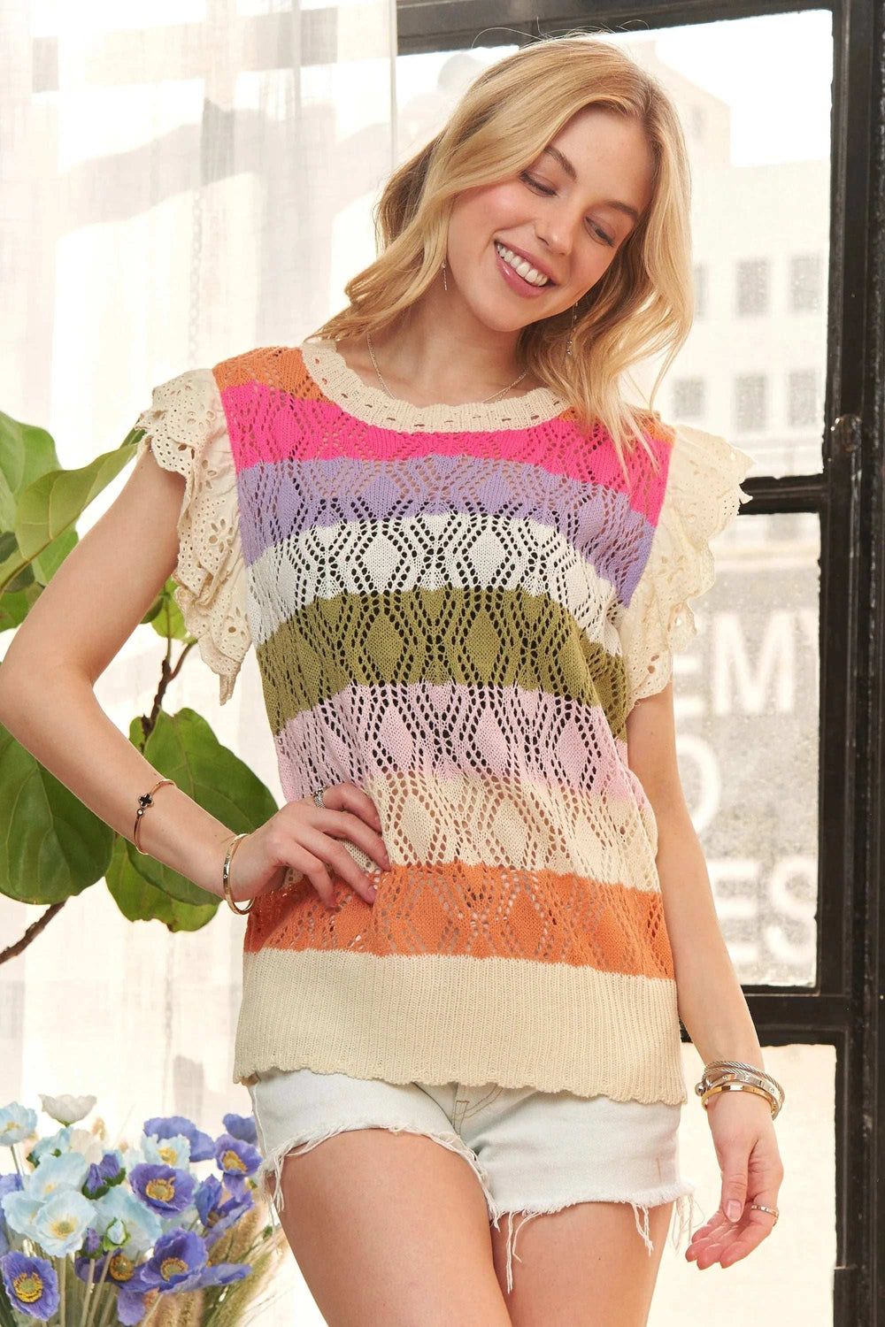 ADORA Eyelet Sleeve Multi Color Crochet Top - Trendsi - Flyclothing LLC