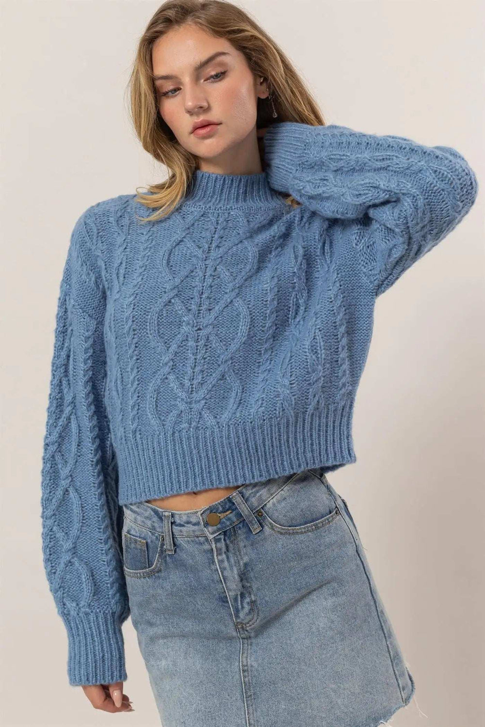 HYFVE Cable-Knit Mock Neck Dropped Shoulder Sweater - Trendsi - Flyclothing LLC