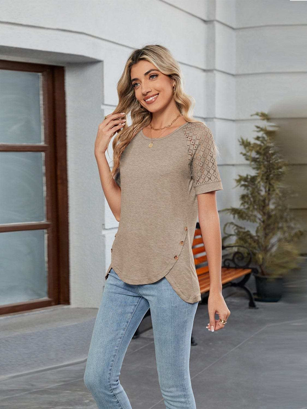 Round Neck Lace Short Sleeve T-Shirt - Trendsi - Flyclothing LLC