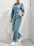 Half Button Long Sleeve Straight Leg Denim Jumpsuit - Trendsi - Flyclothing LLC