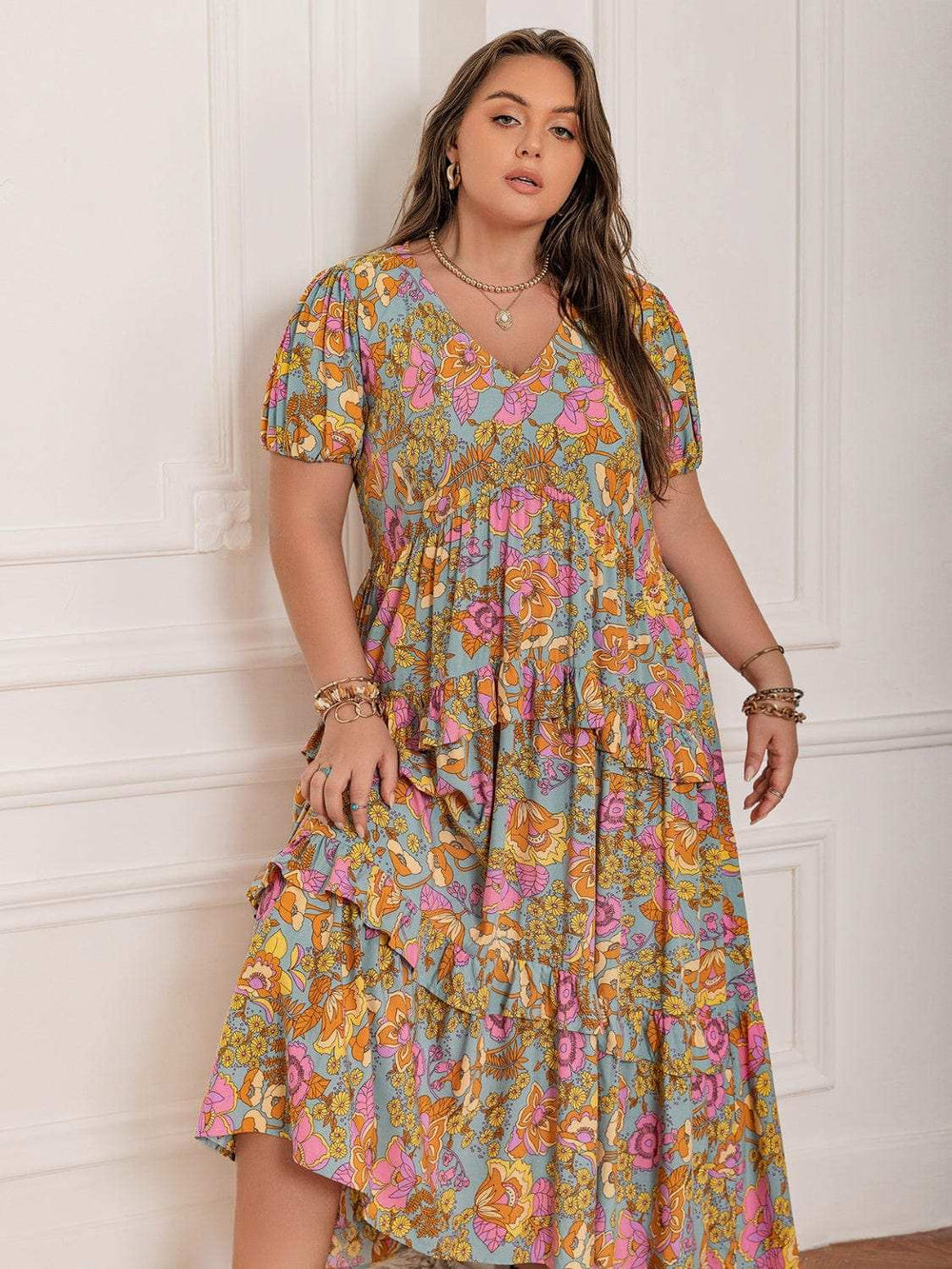 Plus Size Printed V-Neck Short Sleeve Maxi Dress - Trendsi - Flyclothing LLC
