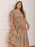 Plus Size Printed V-Neck Short Sleeve Maxi Dress - Trendsi - Flyclothing LLC