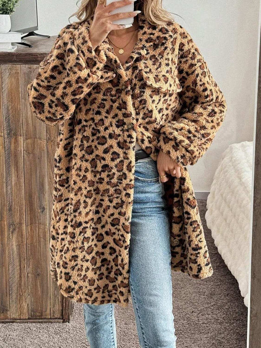 Leopard Button Up Long Sleeve Fuzzy Coat - Trendsi - Flyclothing LLC