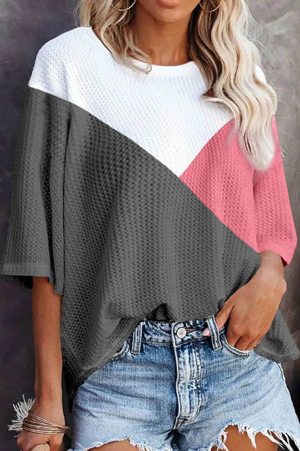 Color Block Round Neck Half Sleeve Top - Trendsi - Flyclothing LLC