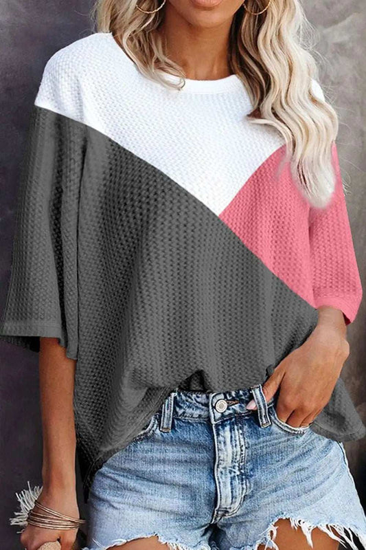 Color Block Round Neck Half Sleeve Top - Trendsi - Flyclothing LLC