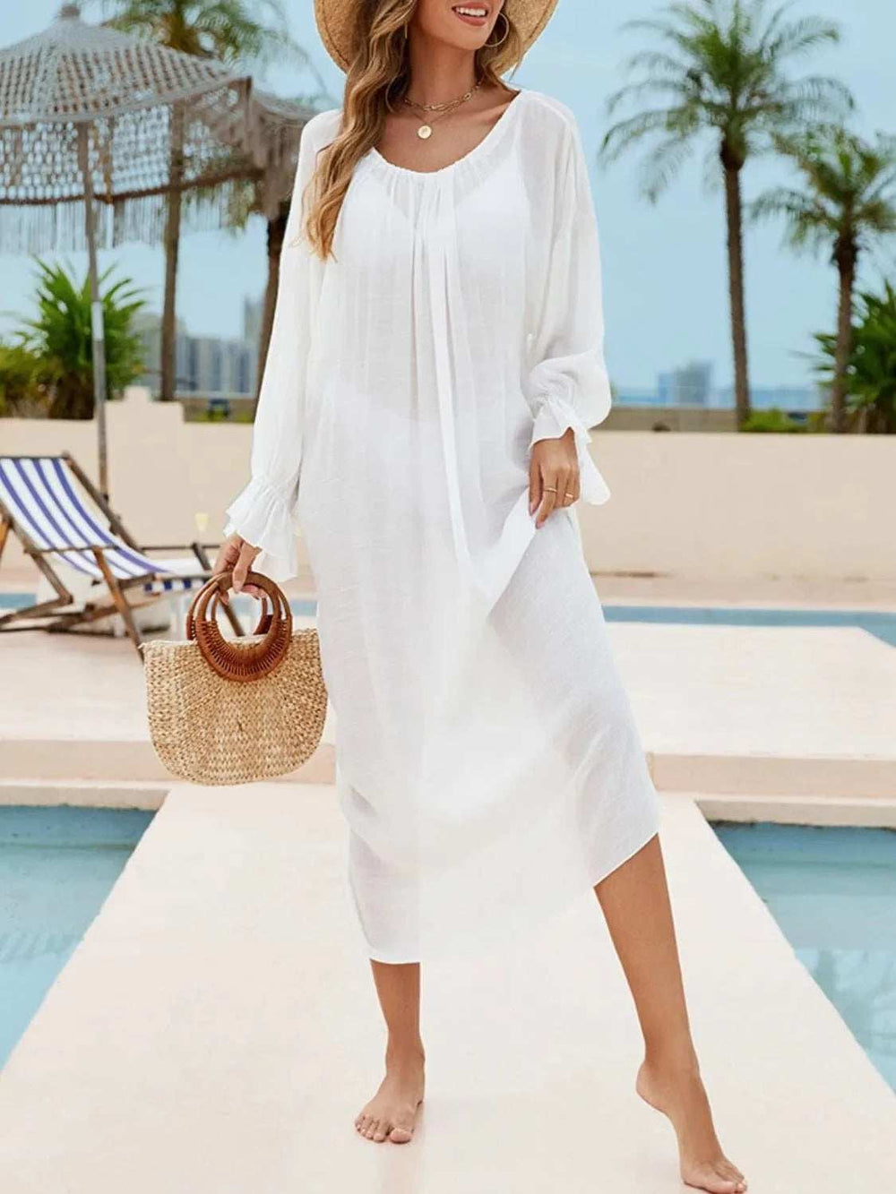Backless Drawstring Back Flounce Sleeve Cover-Up - Trendsi - Flyclothing LLC