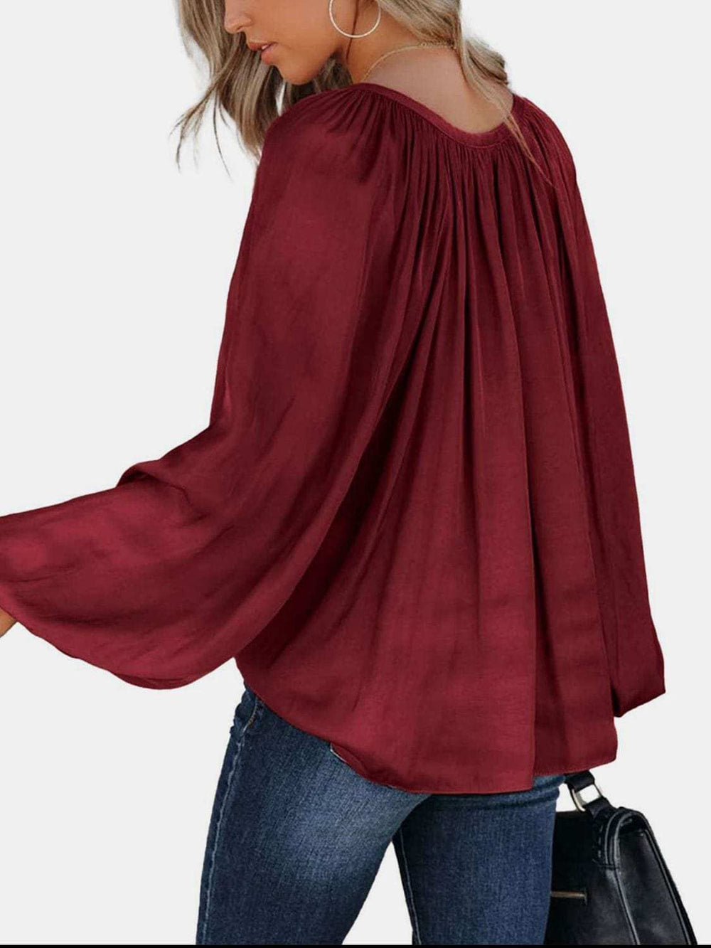Ruched Tie Neck Balloon Sleeve Blouse - Trendsi - Flyclothing LLC