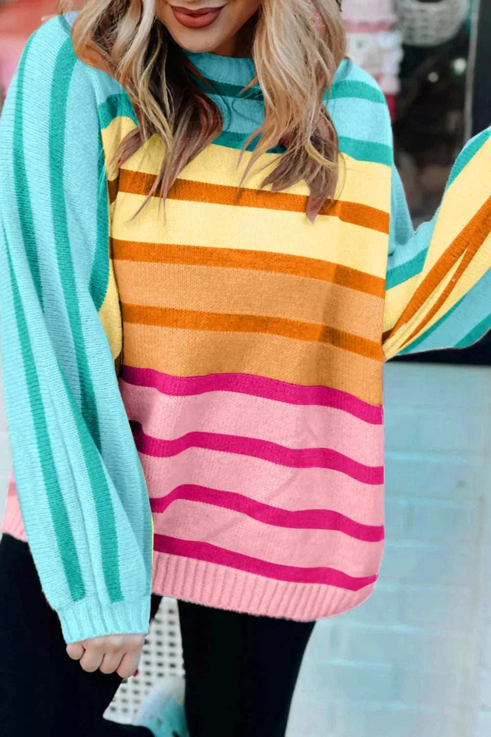 Contrast Striped Round Neck Long Sleeve Knit Top - Trendsi - Flyclothing LLC