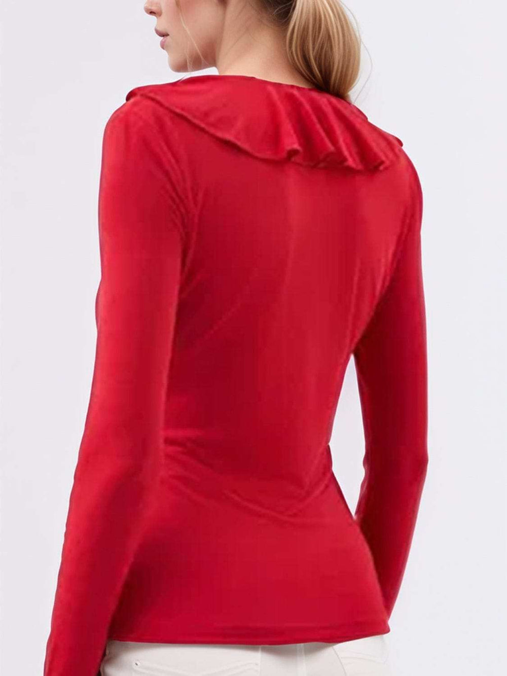 Ruffled V-Neck Long Sleeve T-Shirt - Trendsi - Flyclothing LLC