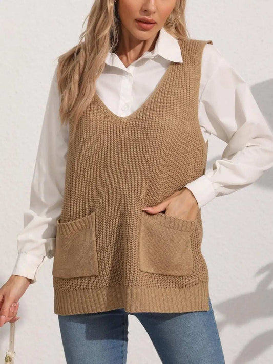 Pocketed V-Neck Sweater Vest - Trendsi - Flyclothing LLC