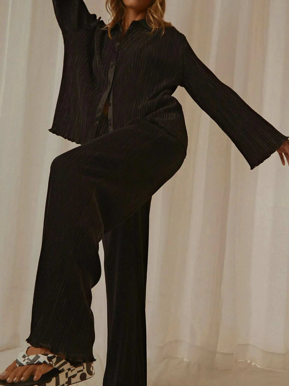 Button Up Long Sleeve Top and Pants Set - Trendsi - Flyclothing LLC