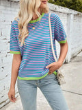 Lovelet Striped Contrast Round Neck Half Sleeve Knit Top - Trendsi - Flyclothing LLC