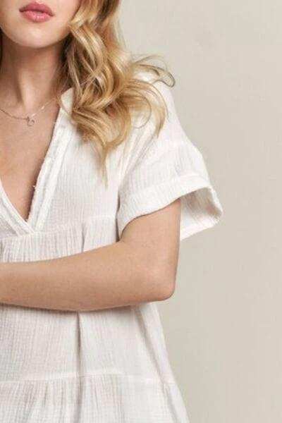 ADORA Tiered Notched Short Sleeve Dress - Trendsi - Flyclothing LLC