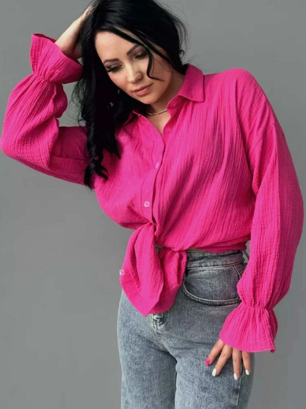 Textured Collared Neck Flounce Sleeve Shirt - Trendsi - Flyclothing LLC